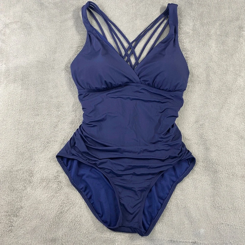 Jantzen One Piece Swimsuit Womens 10 Navy‎ Blue Ruched Surplice Strappy Back